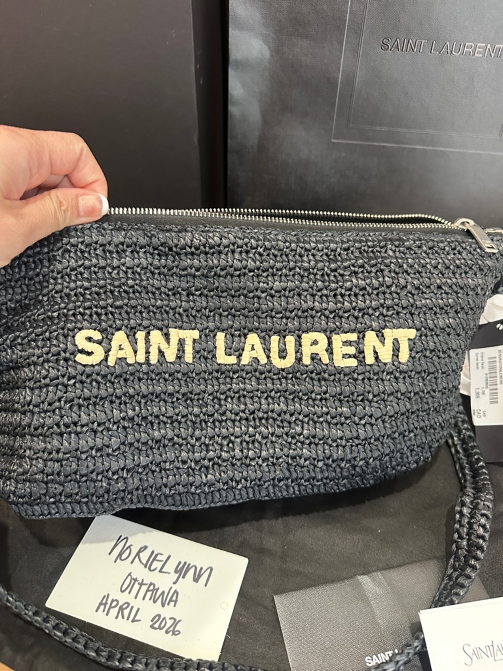 Saint Laurent Black Raffia Shoulder Bag with Contrast Cream Logo - Picture 16 of 16
